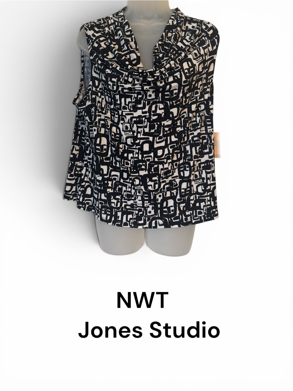 NWT Jones Studio Black/White Abstract Cowl Neck Top  XLARGE  #C